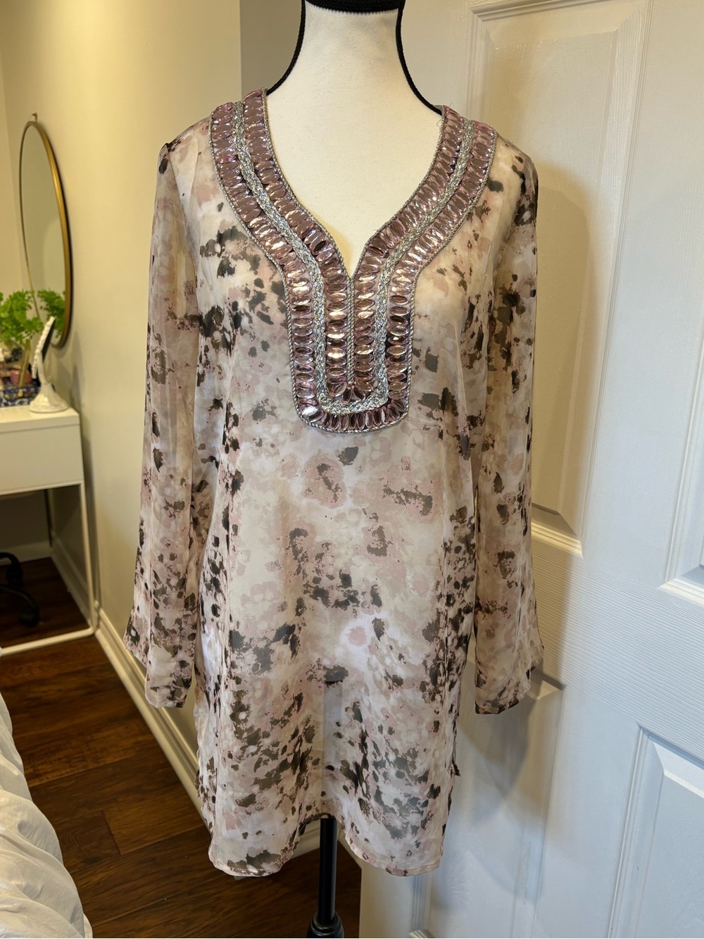 Premise Embellished Boho Tunic Top Size L Sheer Beaded Blush Western Festival